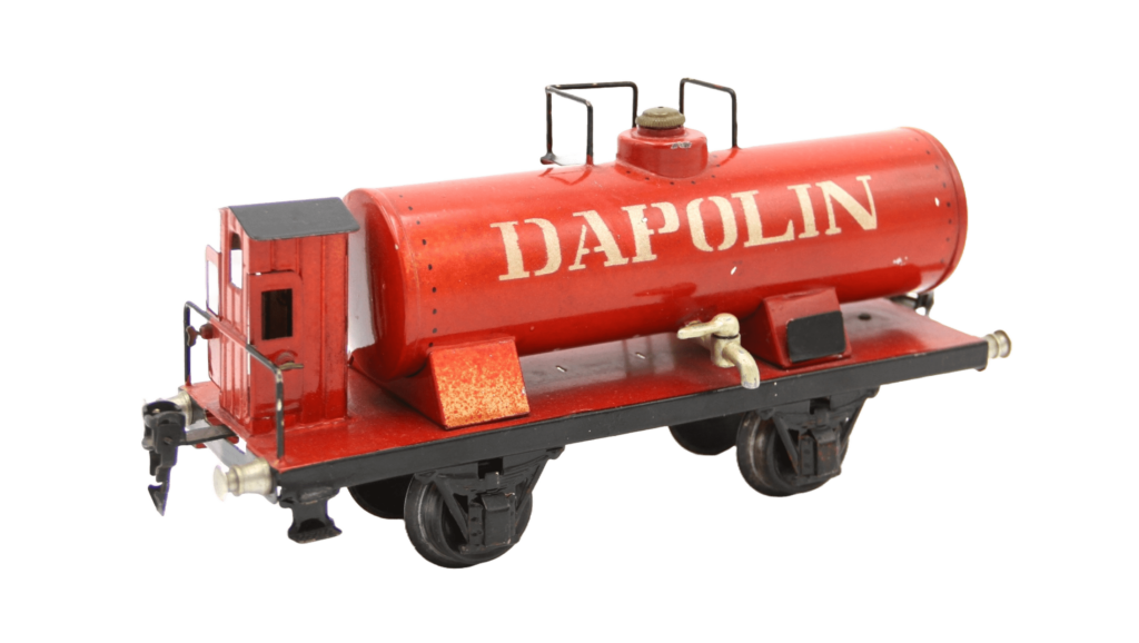 Leuchtend roter Miniatur-Kesselwagen mit zylindrischem Aufsatz, Hahn und der Aufschrift "DAPOLIN".