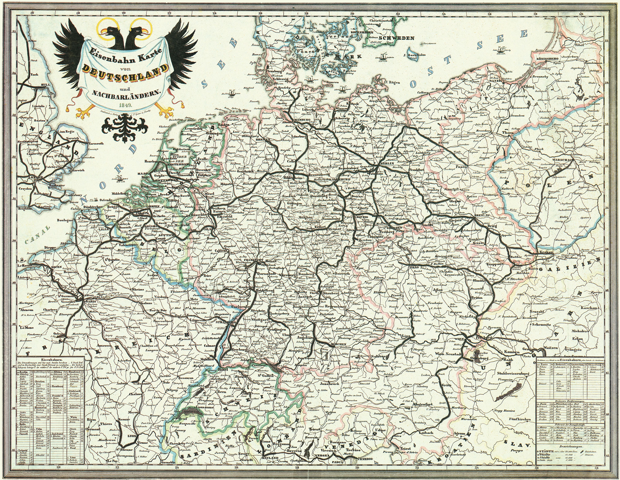 Eine Deutschlandkarte von 1849 mit dem damaligen Schienennetz.