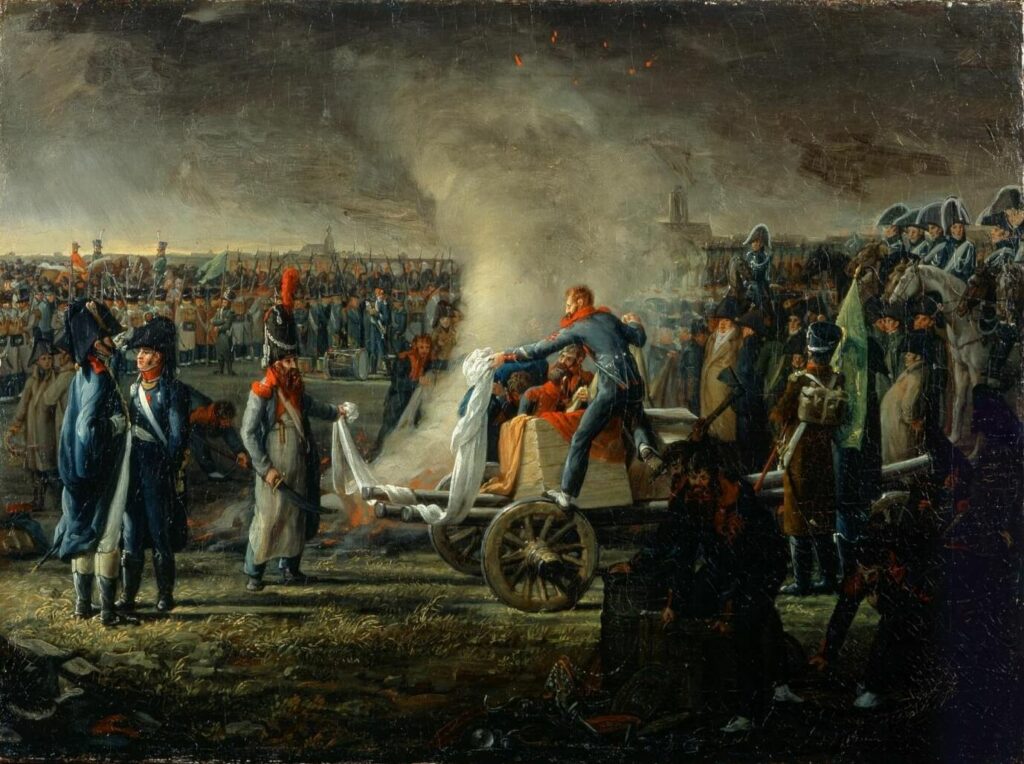 Ölgemälde eines großen Feldes oder Platzes, auf dem sich zahlreiche französische Soldaten um ein großes Feuer gescharrt haben. Dies ist halb von der Szene im Vordergrund verdeckt, in der ein Soldat die mit einem Karren herangeschafften Textilien hervorzerrt und zur Verbrennung weiterreicht.