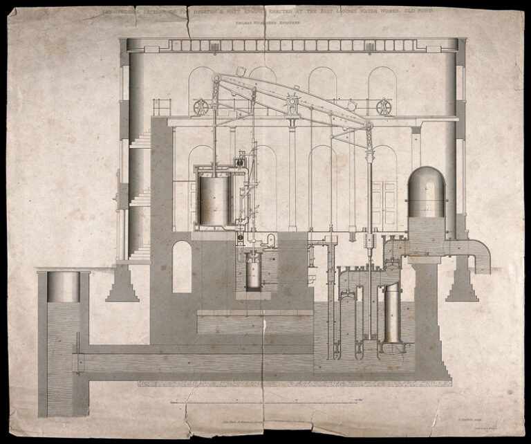 Eine technische Zeichnung der der Boulton & Watt-Maschine als Aufriss.