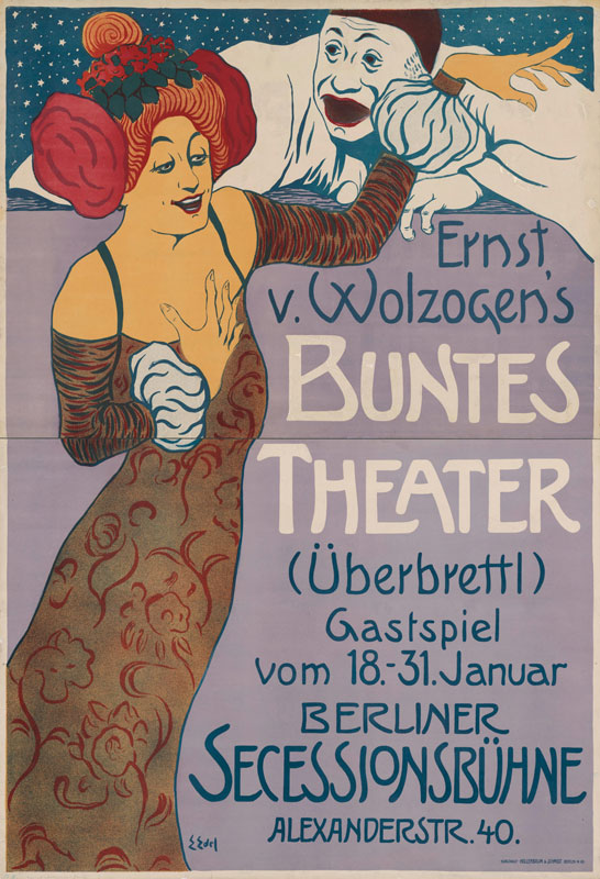 Druckgrafik im Hochformat mit einer Frau mit auffälligen roten Haaren und einem schulterfreien geblümten Kleid. Im Hintergrund ein Harlekin vor einem Sternenhimmel. Aufschrift: " Ernst v. Wolzogen's Buntes Theater (Überbrettl). Gastspiel vom 18.–31. Januar. Berliner Secessionsbühne, Alexanderstr. 40."