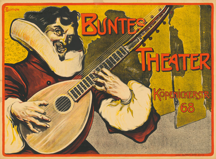 Querformatige Druckgrafik mit einem Lautenspieler, der maliziös lächelt. Auffällig ist sein historisches Kostüm mit riesigem Kragen. Vornehmlich in Rot- und Gelbtönen. Aufschrift: "Buntes Theater Köpenickstr. 68" In der linken oberen Ecke befindet sich das Kürzel des Künstlers: "T. Schorn"