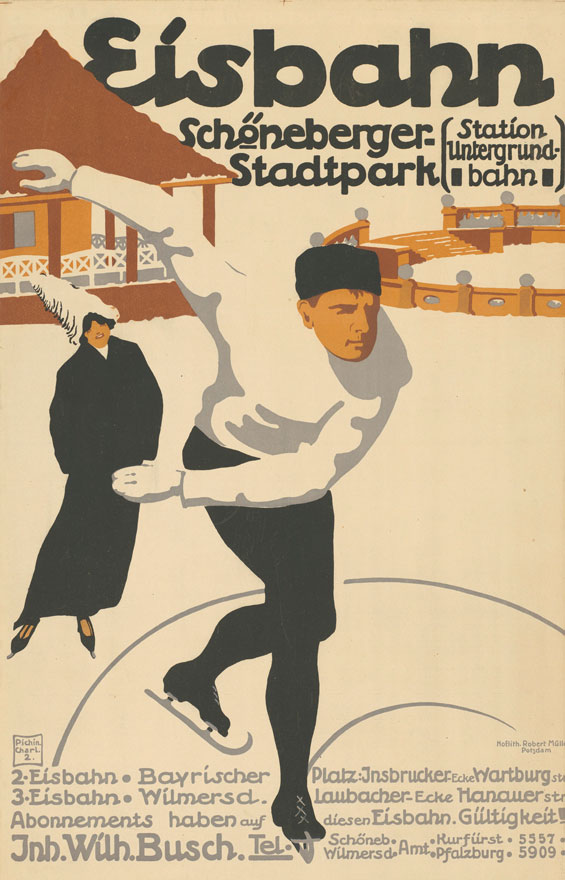 Hochformat. Sehr reduzierte Grafik mit dem Bild eines sportlichen Eisläufers im Vordergrund und einer Eisläuferin in langem Mantel im Hintergrund vor der Architektur einer Eisbahn im Hintergrund. Weiß mit schwarzen, grauen, nussbraunen und ockerfarbenen Akzenten. Aufschrift: "Eisbahn Schöneberger Stadtpark (Station Untergrundbahn)"