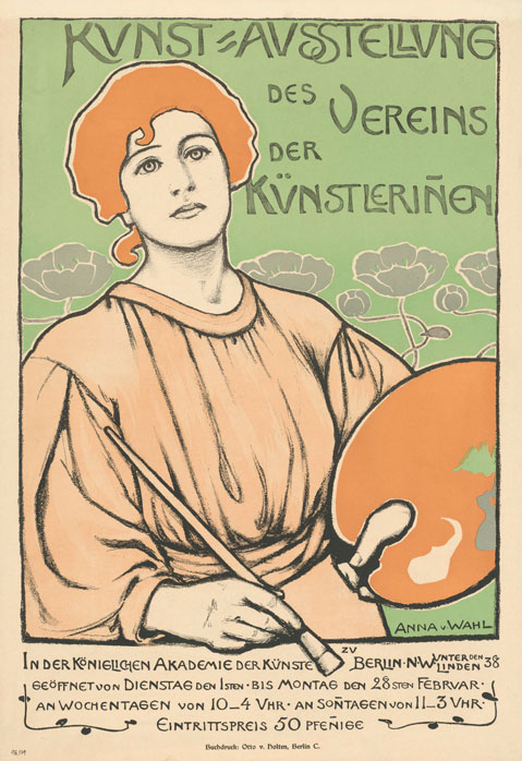 Druckgrafik mit dem Porträt einer Malerin, die in der rechten Hand einen Pinsel, in der linken Hand eine Palette trägt. Während die Figur in Orange- und Apricot-Tönen gehalten ist, ist der Hintergrund lindgrün mit floralem Muster. Aufschrift: "Kunst-Ausstellung des Vereins der Künstlerinnen. In der königlichen Akademie der Künste zu Berlin Unter den Linden 38. Geöffnet von Dienstag den 1sten bis Montag den 28ten Februar. An Wochentagen von 10–4 Uhr, An Sonntagen von 11–3 Uhr. Eintrittspreis 50 Pfennige." Rechts unten im Bild der Name der Plakatkünstlerin: "Anna v. Wahl"