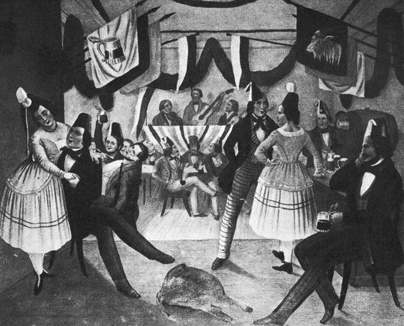 Zeichnung eines Gastraums, der mit Flaggen dekoriert ist. Im Hintergrund spielt eine Musikgruppe, während weiter vorne Pärchen miteinander flirten und tanzen. Am Rand sitzen Herren und trinken Bier.