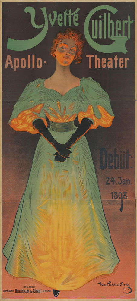 Hochformat mit der Grafik einer Frau in einem eleganten, grünen Kleid mit Puffärmeln und schwarzen Fingerhandschuhen. Aufschrift: "Yvette Guilbert Apollo Theater. Debüt: 24. Jan. 1808".